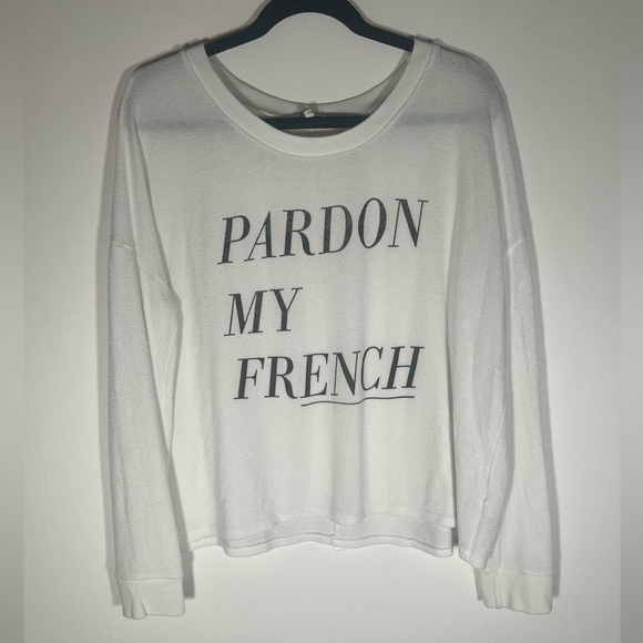 Junk Food outside fleece white sweatshirt Pardon My French oversized sz M comfy - Picture 1 of 8